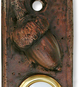 Narrow acorn doorbell button closeup
